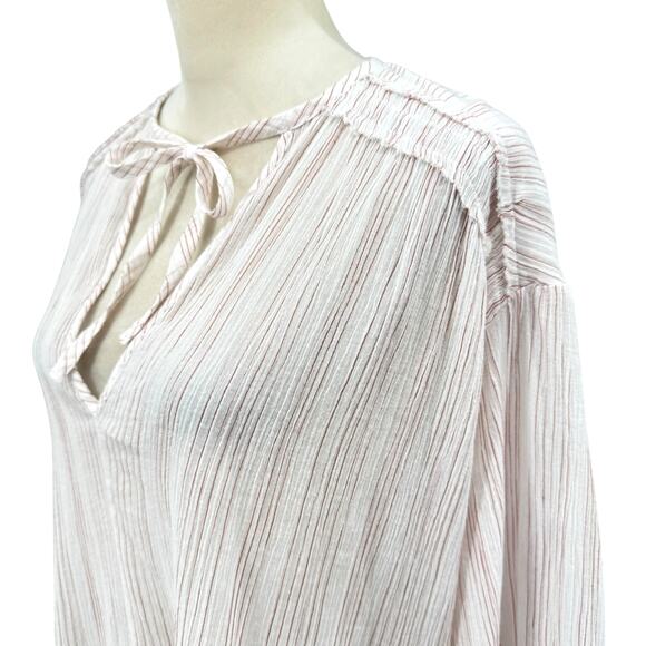 Vince Variegated Stripe Crinkle Breathable Cotton Tassel V-neck Wide Sleeve Top - Picture 6 of 13